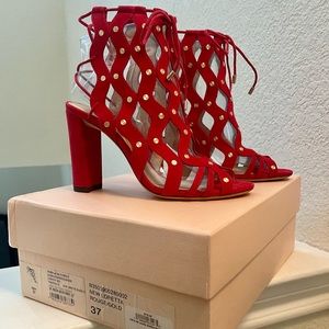 Gorgeous Alexandre Birman Red Suede Loretta Caged Sandals with Gold Studs - Sz 7